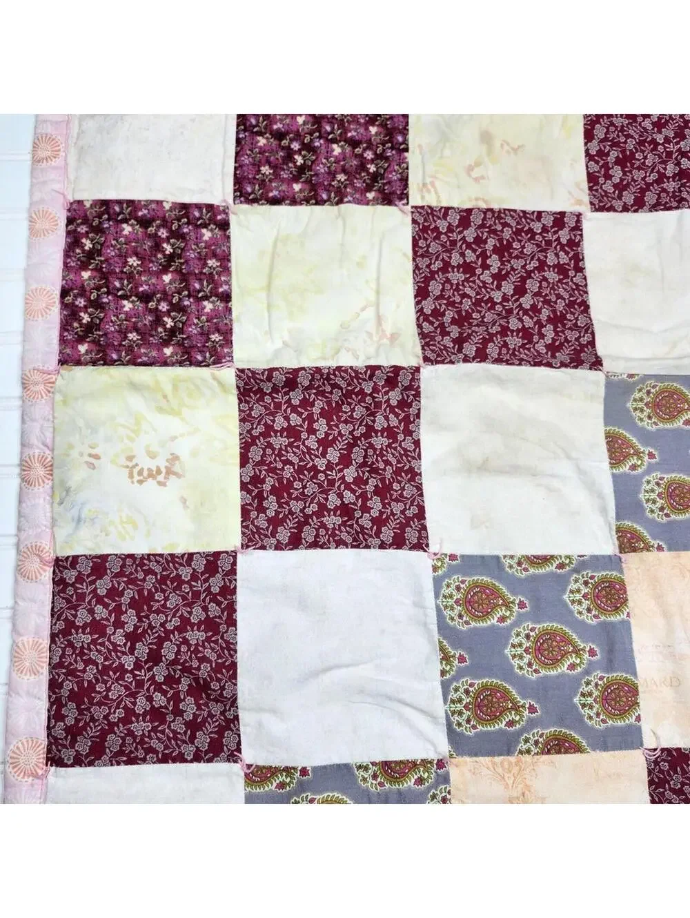 Handmade Vineyard Vibes Patchwork Quilt 36 x 46 Inch Gray Maroon Peach Cream